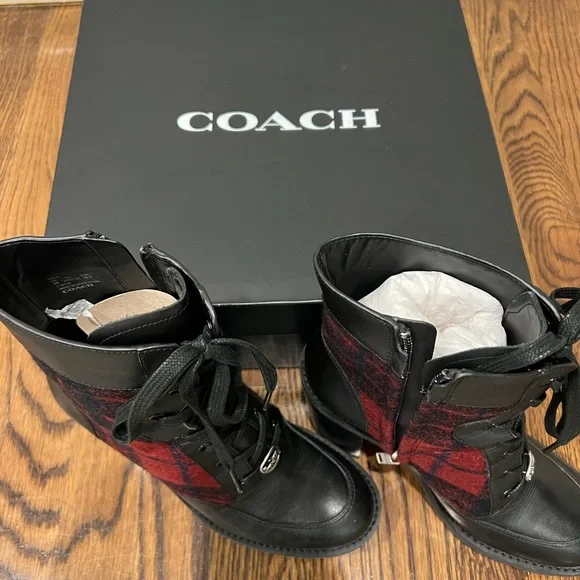 Coach Women's Plaid Lace-Up Boots in Black and Red - Picture 2 of 8